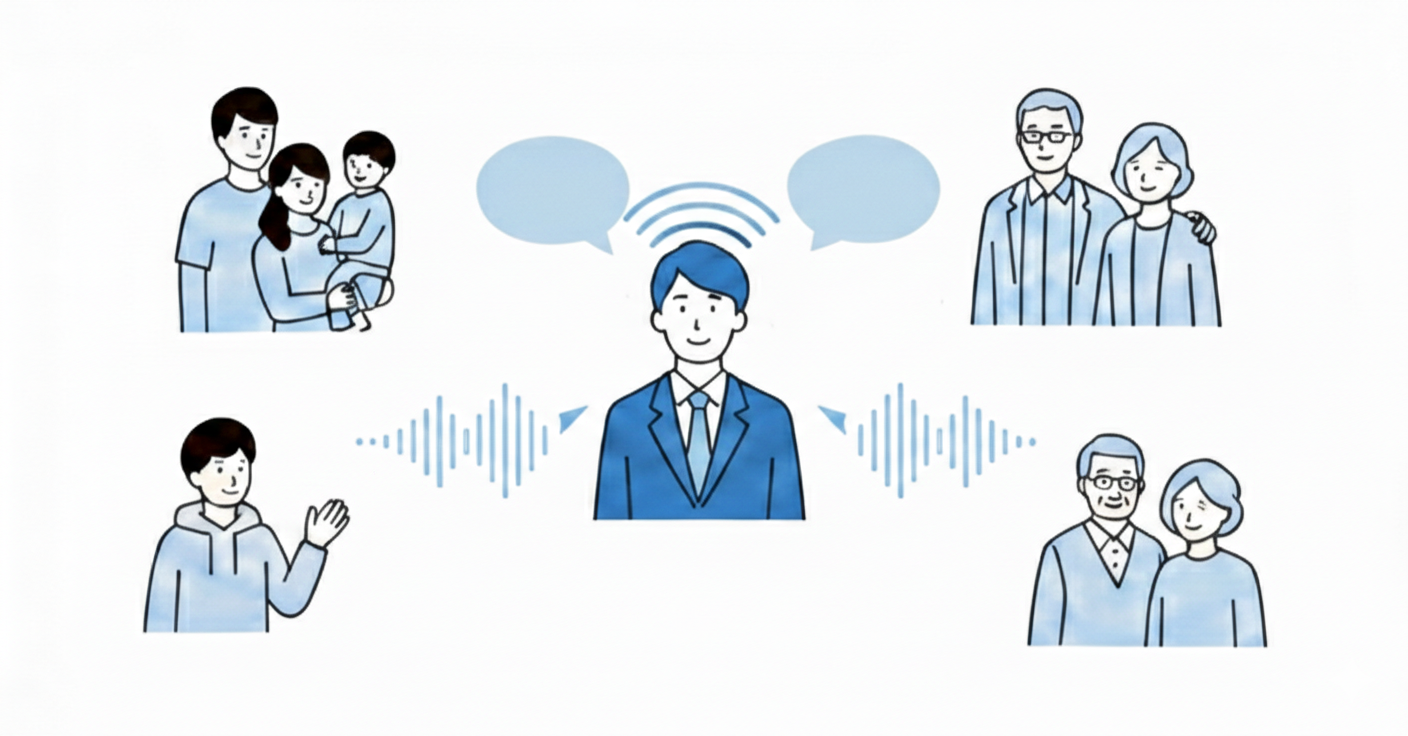 人々と会話をしている男性のイラスト。左上には家族、右上には高齢のカップル、左下には若い男性、右下には高齢の夫婦が描かれている。