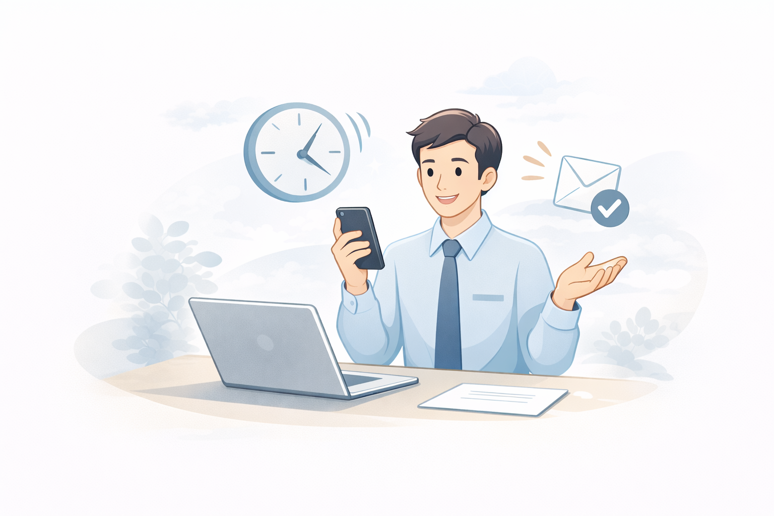 ビジネスマンがスマホを持ち、コンピュータと書類の前で話している。背景に時計とメールアイコンが浮かんでいる。