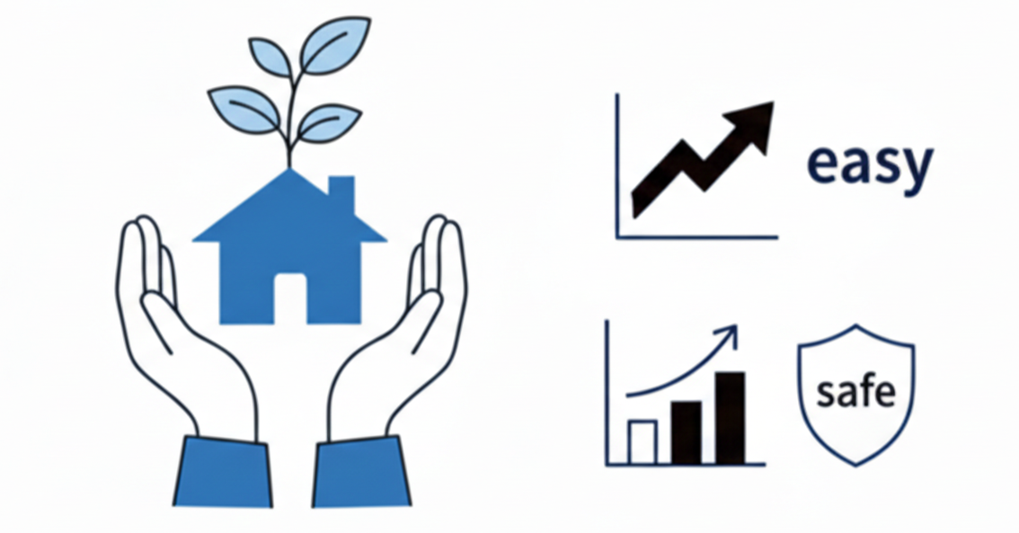 両手で囲んだ青い家のシルエットと植物の葉、上昇するグラフのアイコンと「easy」や「safe」と書かれたバッジ。