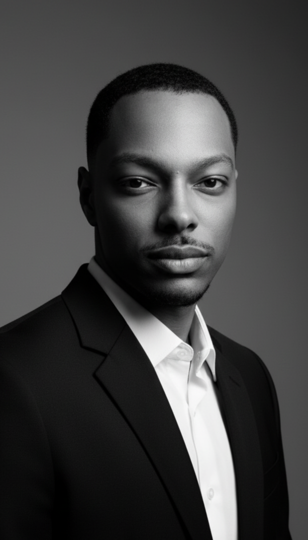 Black and white portrait of a young African American man wearing a dark suit and white shirt, looking directly at the camera with a neutral expression.