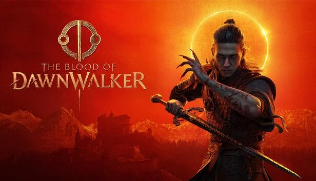 Promo image from 'The Blood of Dawnwalker' video game showing a fierce female warrior with a sword, a glowing orange halo behind her head, and a mountainous landscape silhouette in the background.