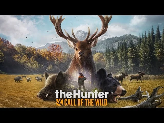 A large elk with impressive antlers is in a forest clearing with a mountain in the background. Surrounding it are several bears, including a black bear and a grizzly, along with a person in outdoor gear. The scene promotes the video game 'theHunter: Call of the Wild'.