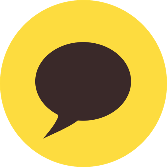 A yellow circular icon with a black speech bubble in the center.
