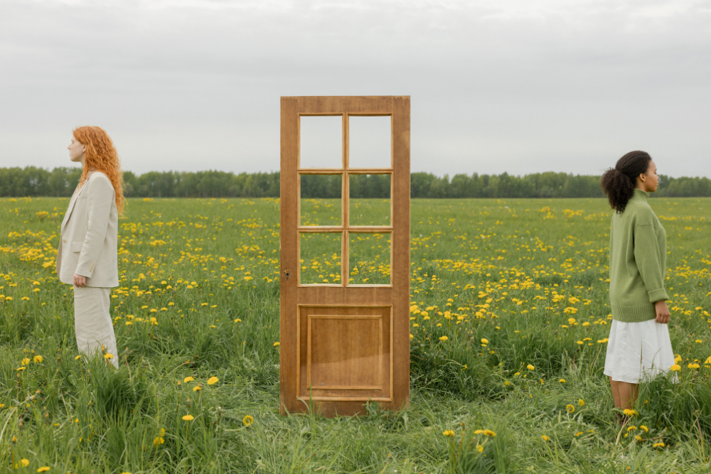 Two people standing apart in a field with a single wooden door between them, representing emotional distance and boundaries in relationships.