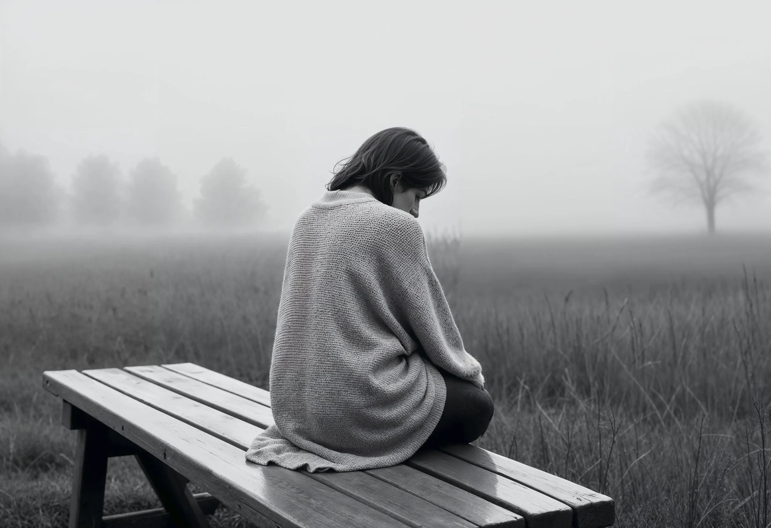 Black and white image of a woman sitting alone on a bench in a foggy field, processing gaslighting and protecting her sanity