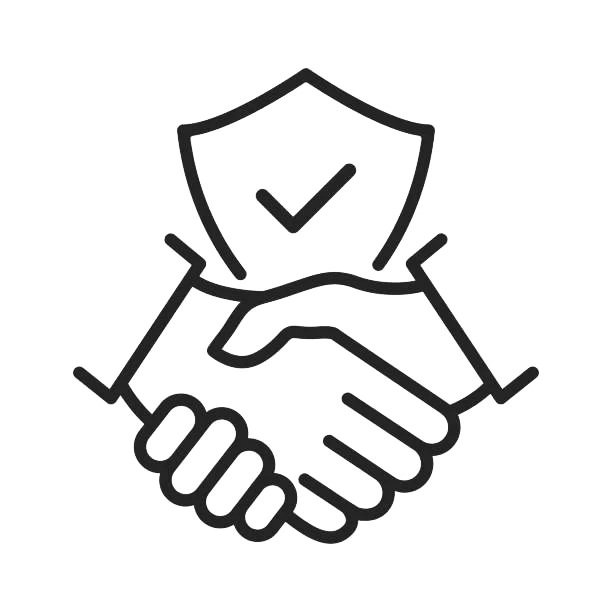 Outline of a handshake with a shield and check mark above it, symbolizing trust or agreement