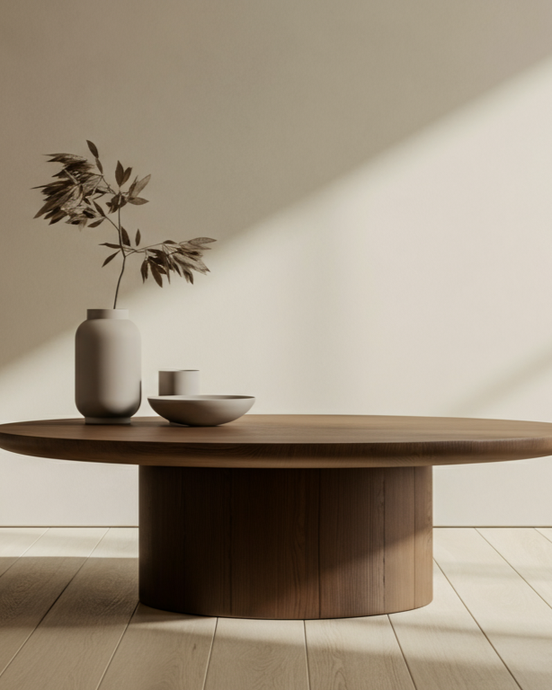Minimalist beige vase with dried leaves, small candle, and shallow bowl on a round wooden coffee table in a bright room with sunlight and shadows.