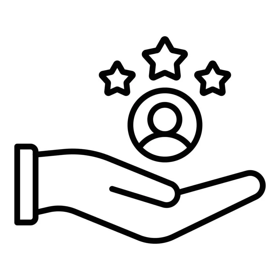 Outline icon of a hand holding a person with three stars above the person's head, representing quality or rating.