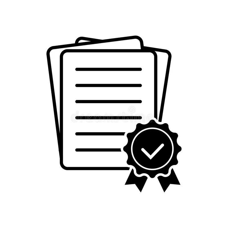 Illustration of a certificate with a medal ribbon and checkmark.