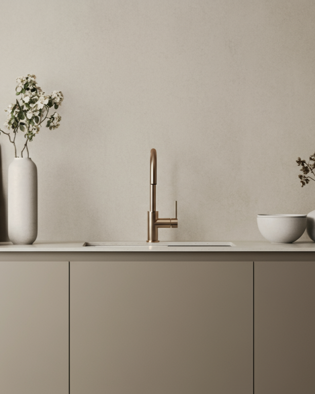 A minimalist kitchen sink area with a beige wall, a gold faucet, a white vase with flowers on the left, and two bowls on the right.