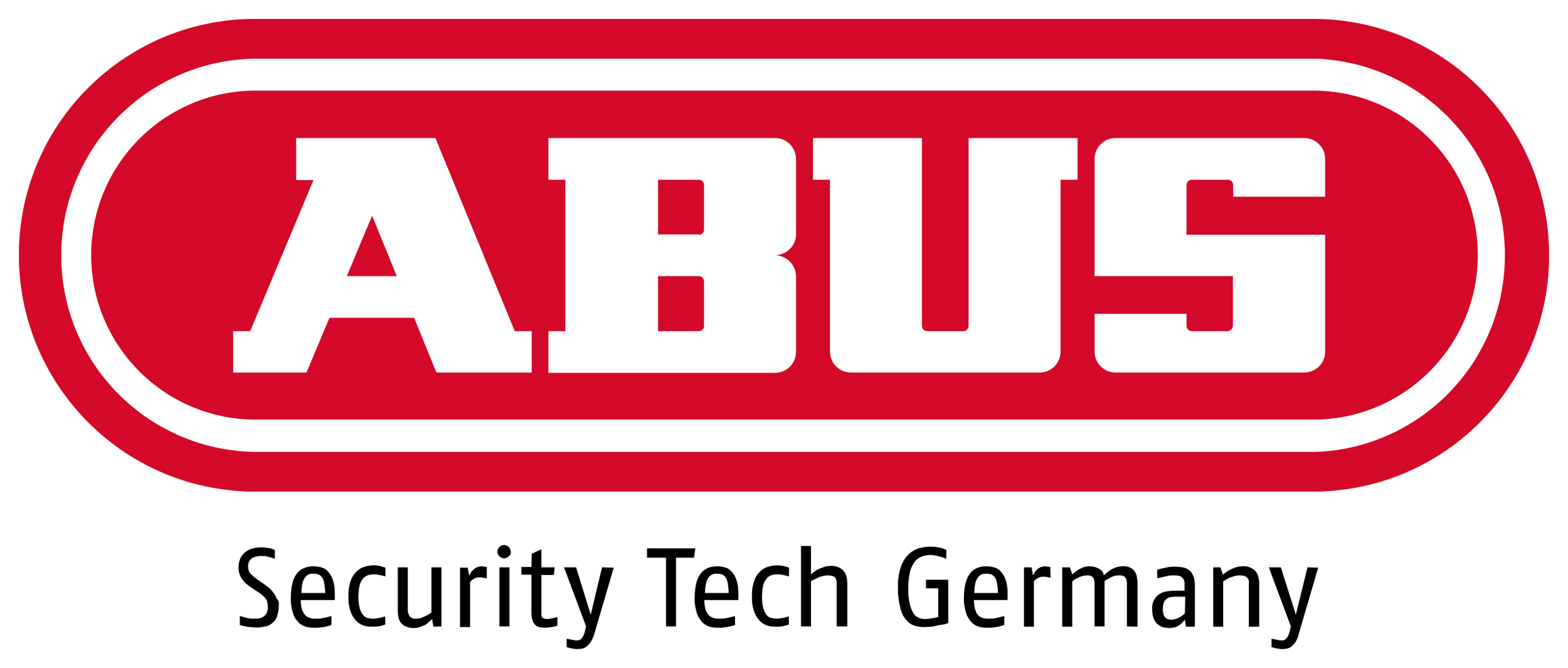 Ein rotes ovales Logo mit weißer Umrandung und den weißen Buchstaben 'ABUS' darin.