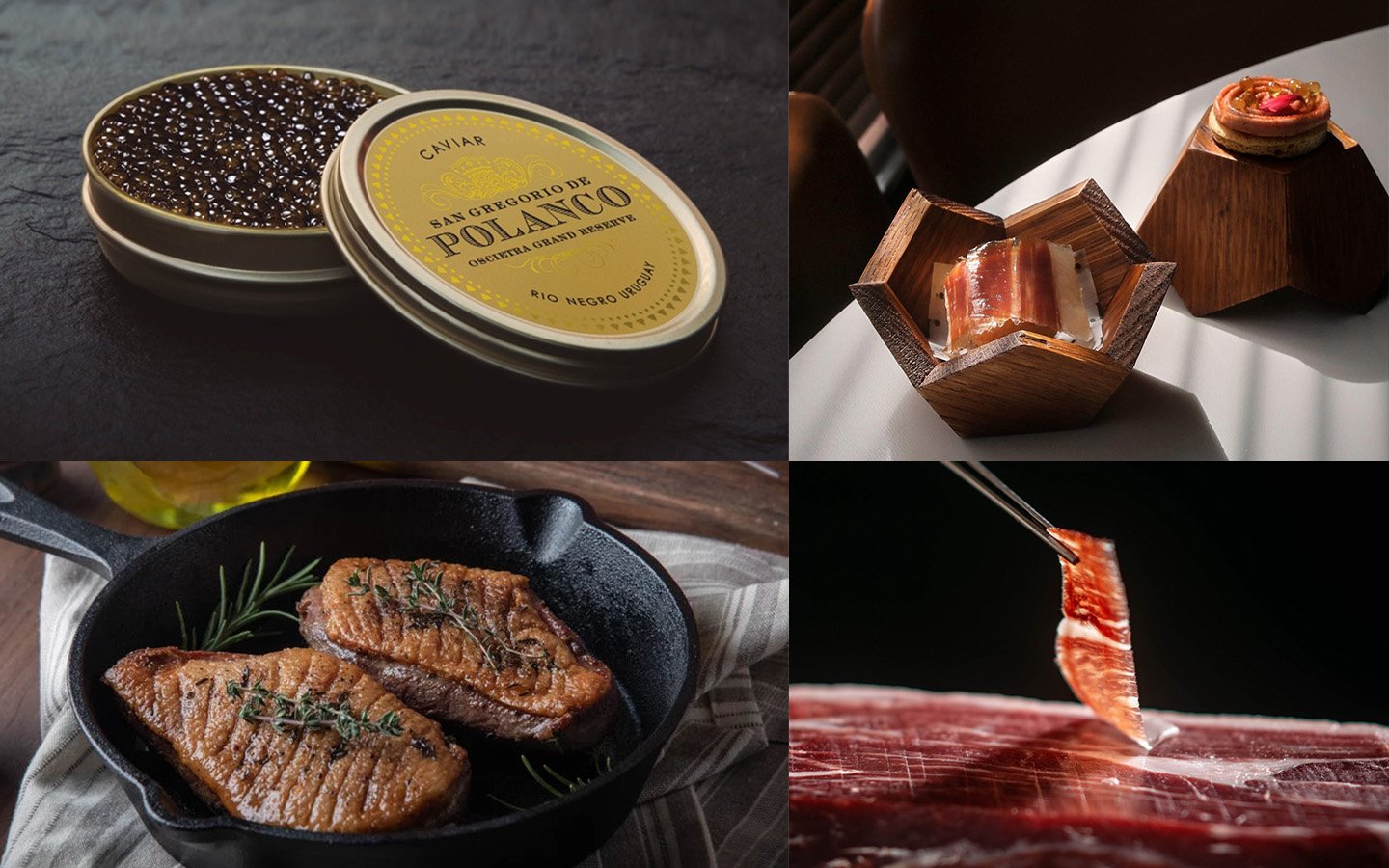 Top left: open tin of caviar. Top right: Iberia ham in wooden containers on a white table. Bottom left: cooked foie gras in a cast iron skillet garnished with herbs. Bottom right: slice of Iberic ham cut with a knife.