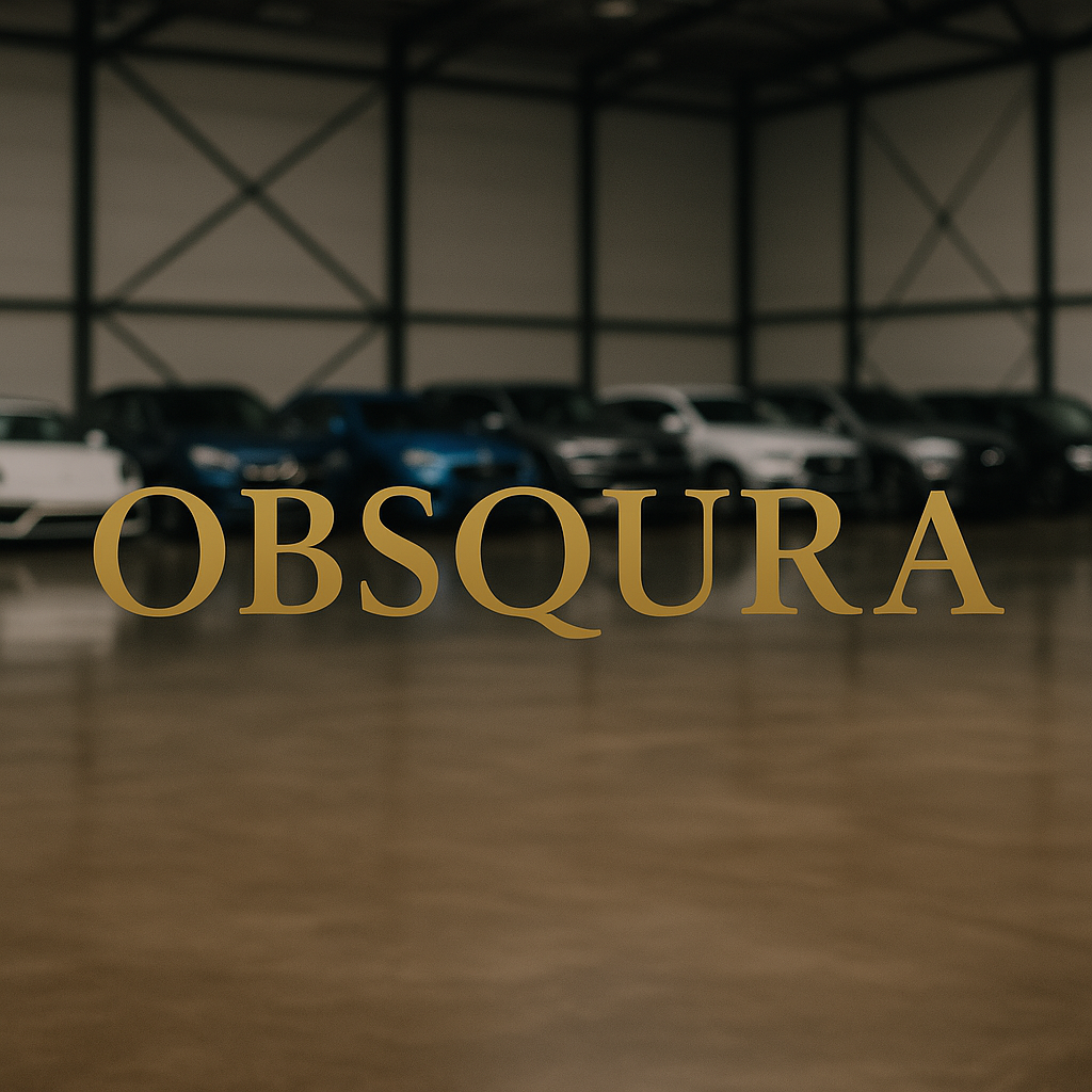 Pogled kroz staklenu površinu na prostor OBSQURA s elegantnim zlatnim natpisom, iza kojeg se nalaze pažljivo odabrana vozila — diskretan, ekskluzivan ambijent namijenjen premium automobilskim rješenjima.
