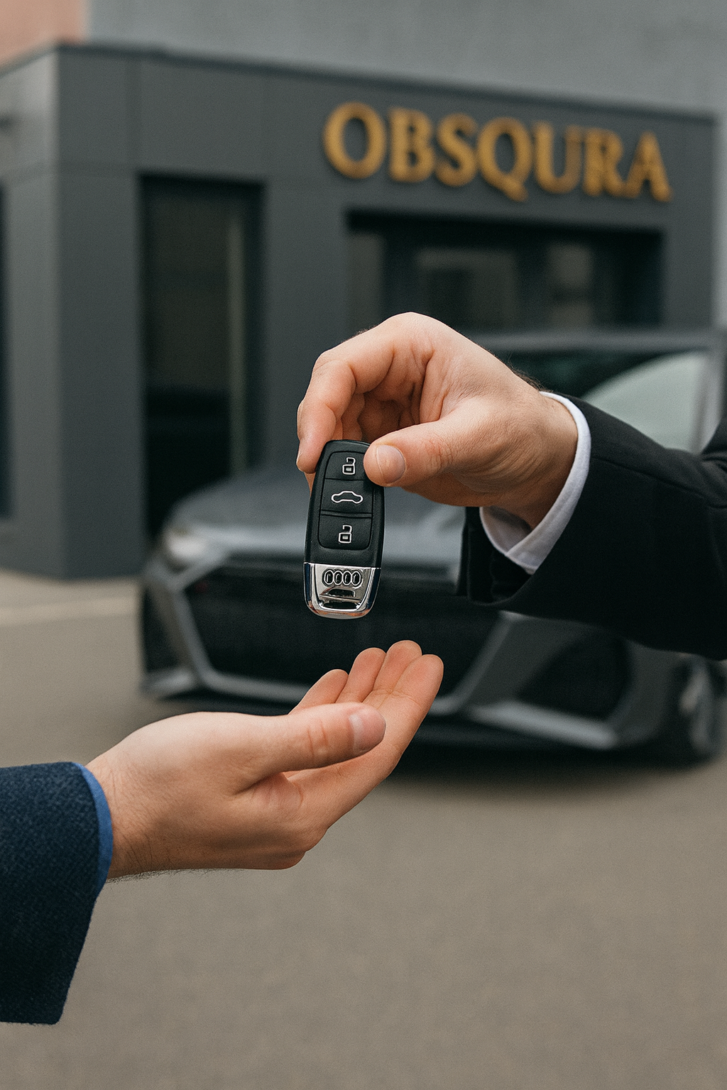 Diskretna primopredaja ključa vozila ispred prostora OBSQURA — završni trenutak premium usluge, povjerenja i personaliziranog pristupa kupnji vozila.