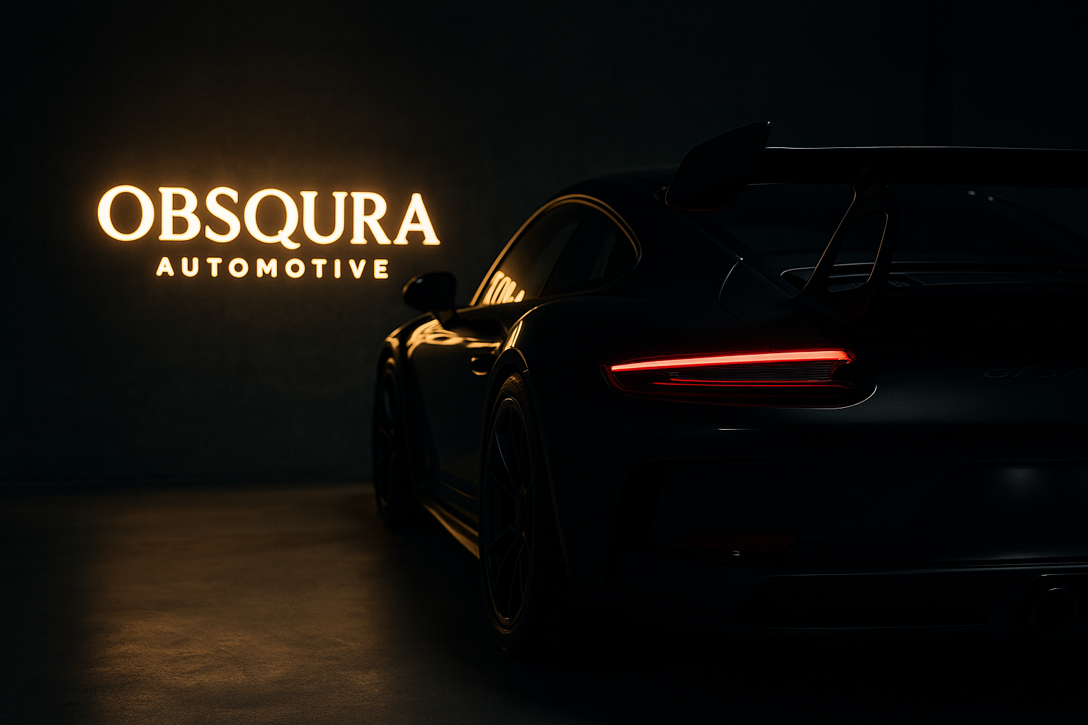 Crni Porsche GT3 RS s izraženim stražnjim spojlerom u tamnom, minimalističkom prostoru, osvijetljen neonskim natpisom OBSQURA Automotive. Vizual koji utjelovljuje luksuz, snagu i ekskluzivni karakter premium sportskih vozila.