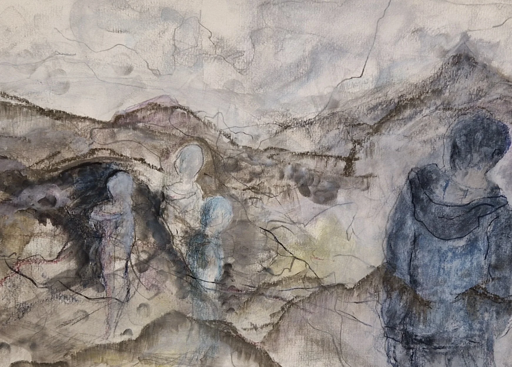 Ink, pencil, fineliner, watercolor on paper