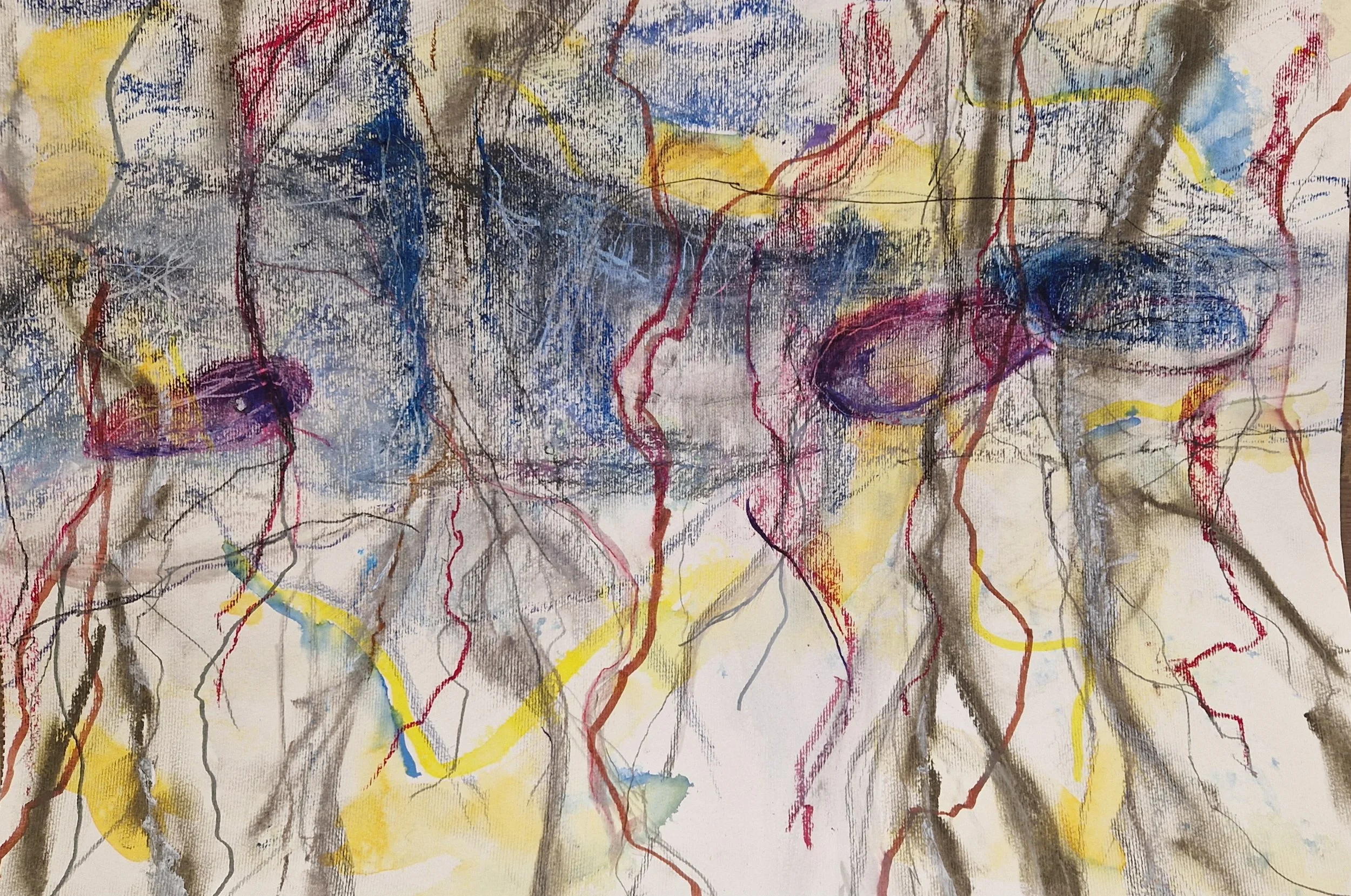 Oil pastels, pencil, watercolor on paper