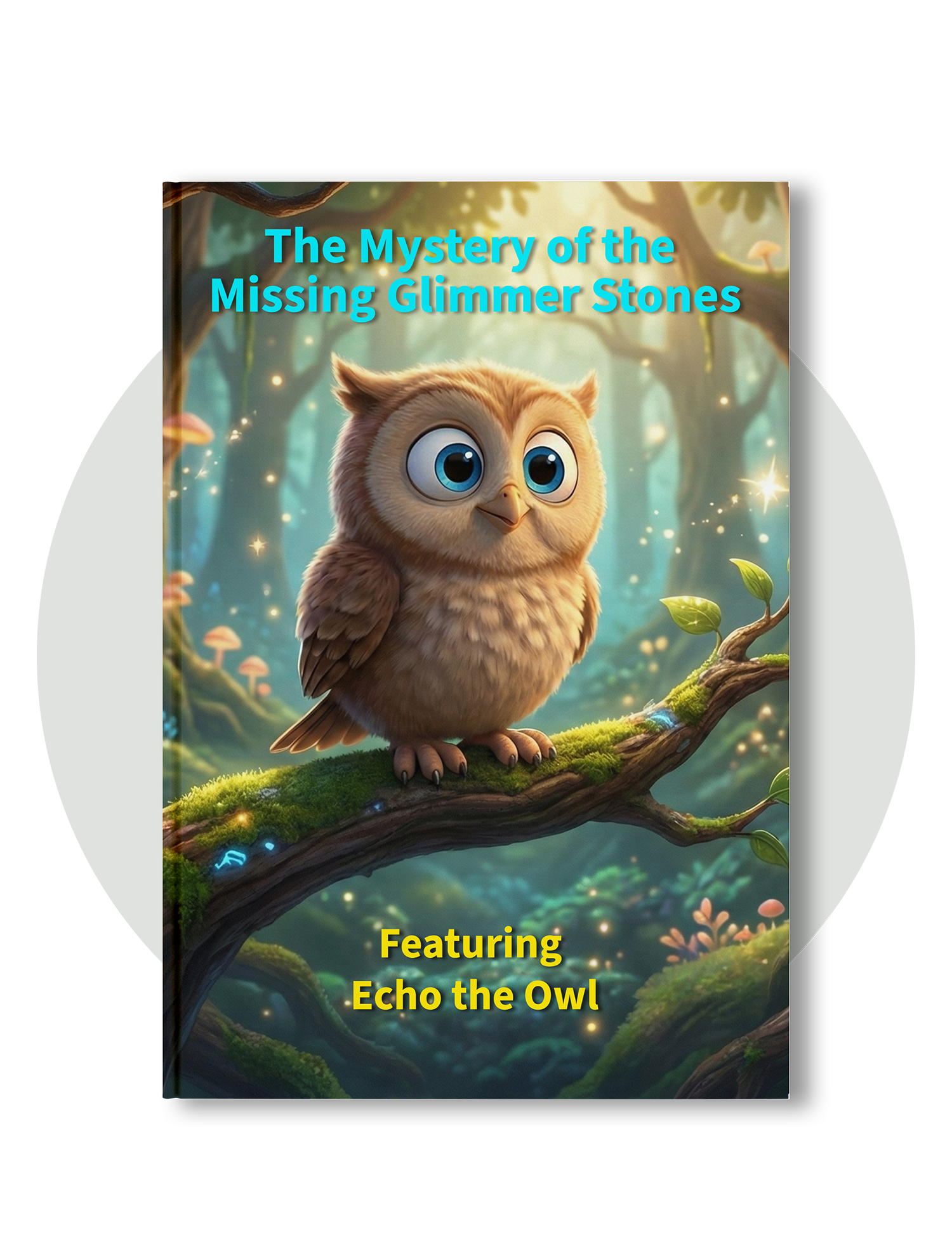 Book cover featuring an animated owl with big blue eyes perched on a mossy branch in a magical forest, titled 'The Mystery of the Missing Glimmer Stones' with a subtitle 'Featuring Echo the Owl'.