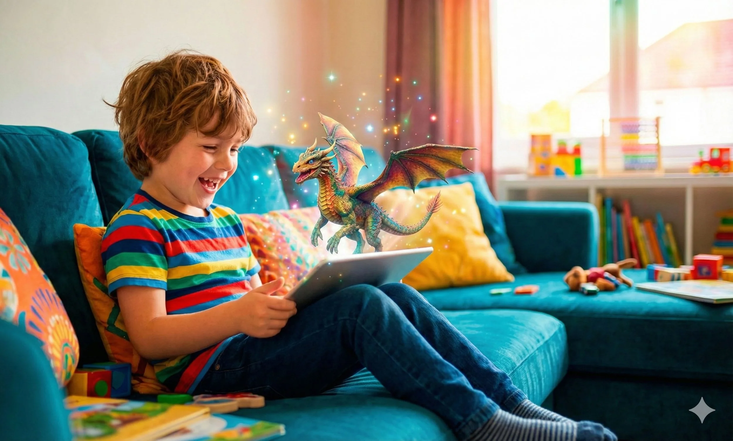 A young boy in a colorful striped shirt sitting on a teal couch, using a tablet. A digital animated dragon appears to be emerging from the tablet screen, surrounded by colorful sparkles. The room has bright natural light, yellow and patterned cushions, and a bookshelf with toys and books.