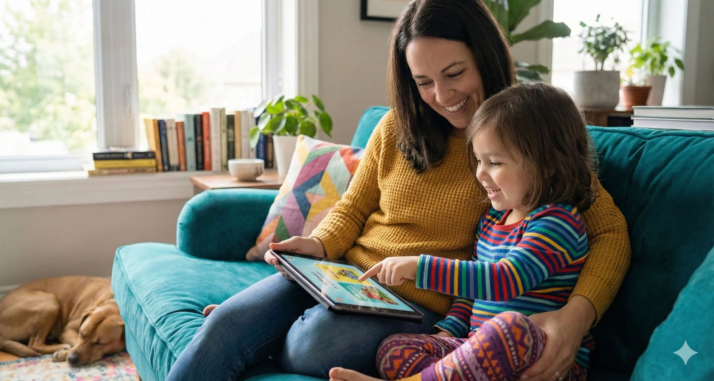 A woman and a young girl sitting on a teal couch, looking at a tablet together and smiling. The girl is pointing at the screen. There is a window behind them with sunlight and a view of trees. A dog is lying on the floor nearby.