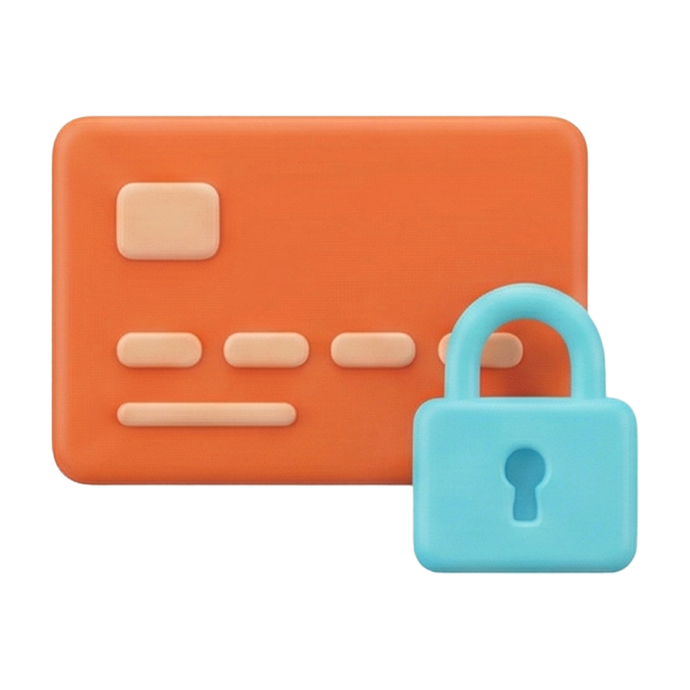 Digital credit card with a blue lock icon, representing secure online banking or payment security.