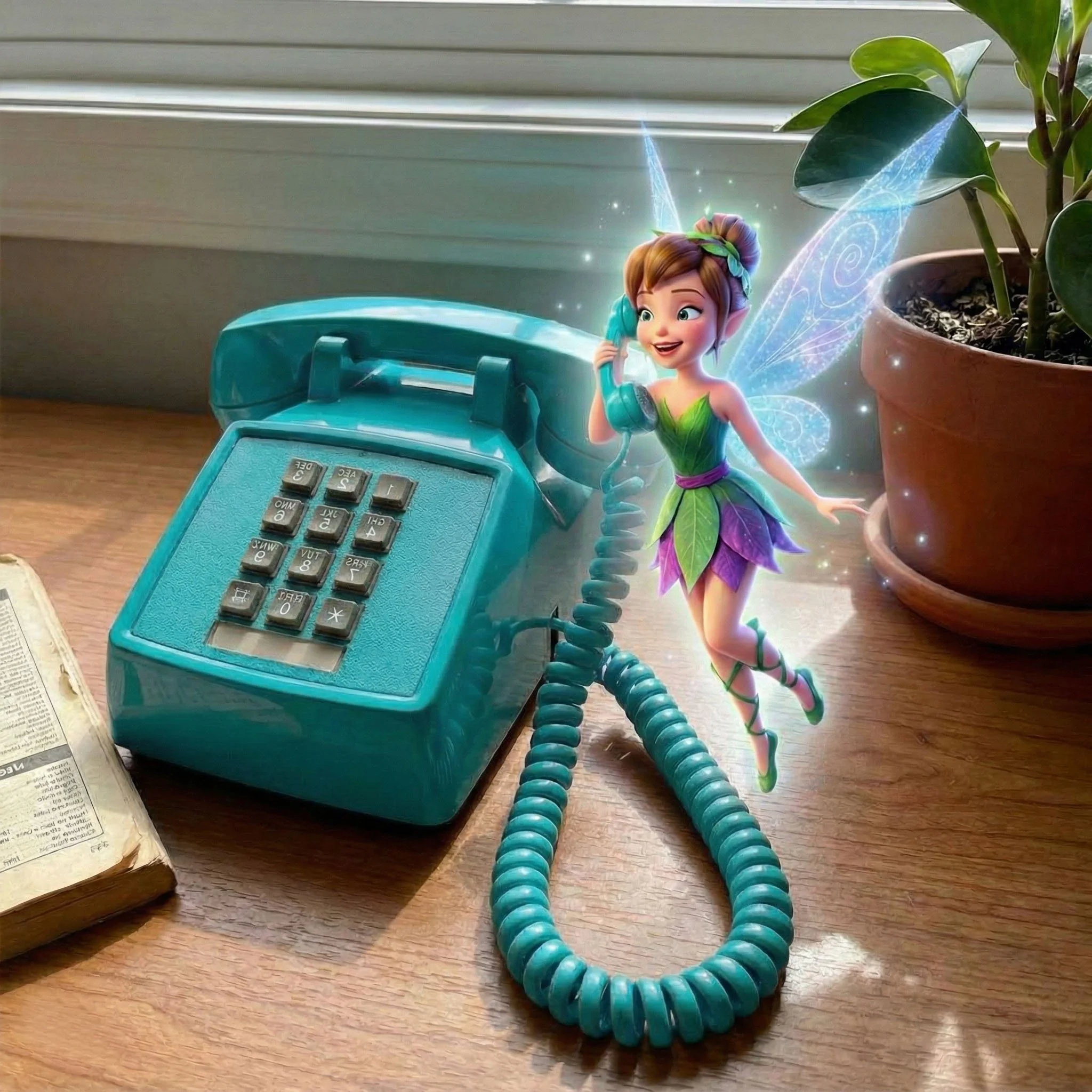 A fairy with glowing wings talking on a vintage teal rotary phone on a wooden desk, with a potted plant and an open book nearby.