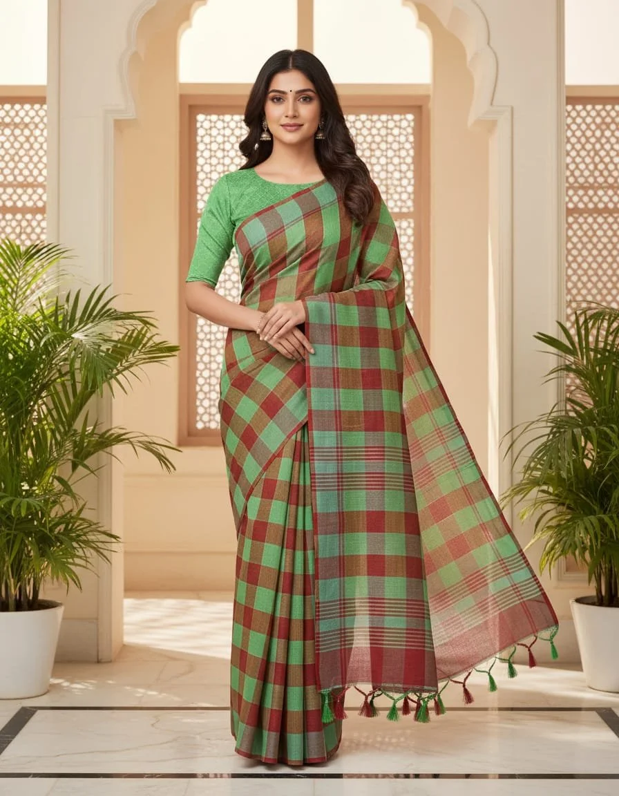 Linencotton  checks saree