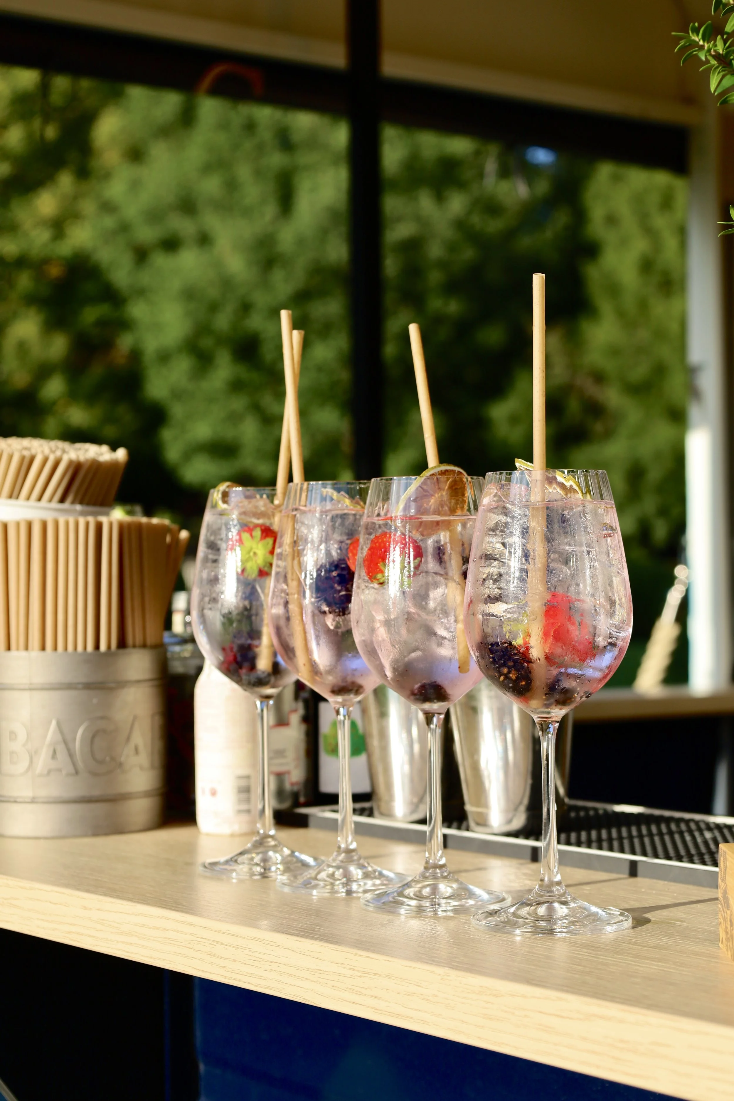 Quatre verres à cocktail avec des fruits rouges, des tranches de citron et des glaçons, contenant une boisson transparente, sur un comptoir en bois dans un environnement extérieur ensoleillé.