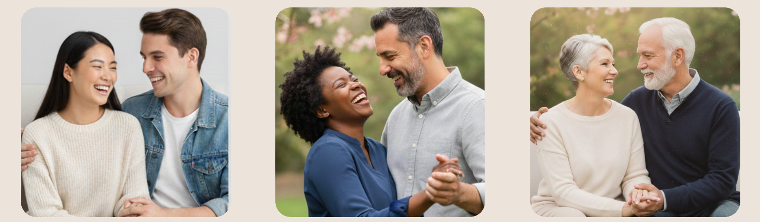 Three pairs of people, each sharing a joyful moment, smiling and holding hands in different settings.