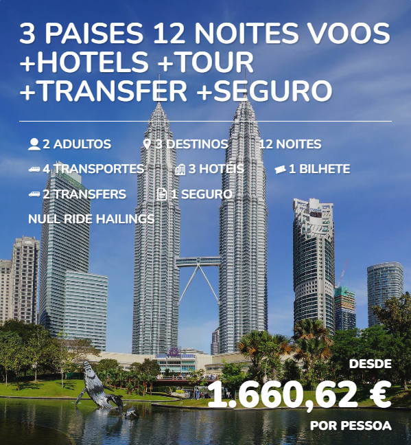 Travel package deal advertisement for 3 countries with 12 nights, including hotels, tours, transfer, and insurance, featuring the Petronas Towers in Kuala Lumpur, Malaysia, and a park with a fountain and crocodile sculpture in the foreground, priced at €1,660.62 per person.