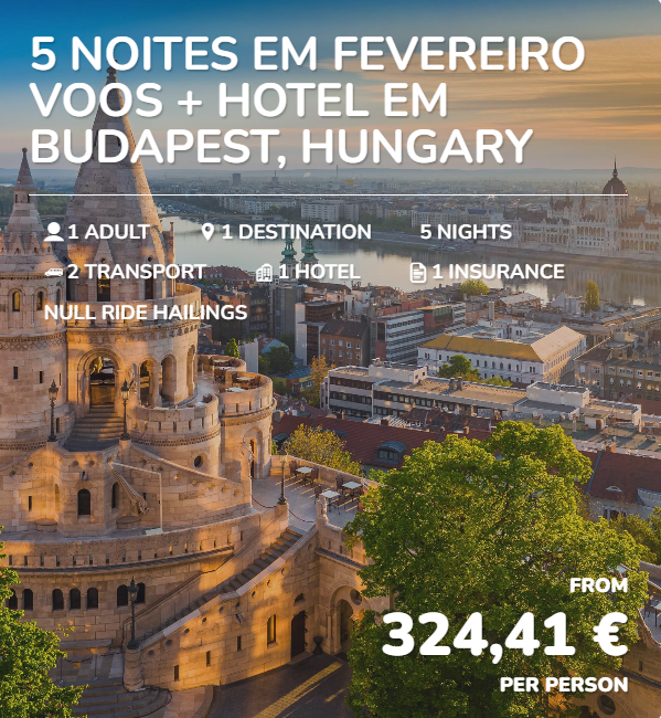 Travel offer for five nights in Budapest, Hungary, including flight, hotel, transport, insurance, and optional null ride haulings, starting at 324.41 euros per person, with a scenic cityscape featuring historic buildings and a river at sunset in the background.