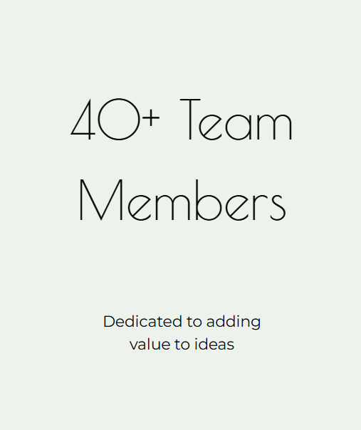 Text stating '40+ Team Members' with a subtitle 'Dedicated to adding value to ideas' on a light green background.