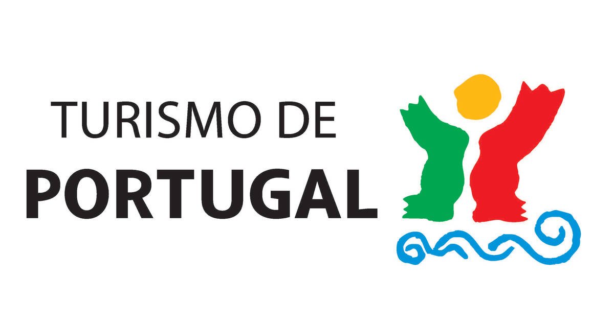 Logo for Portugal Tourism featuring stylized figures in green, red, and yellow, and blue waves beneath.