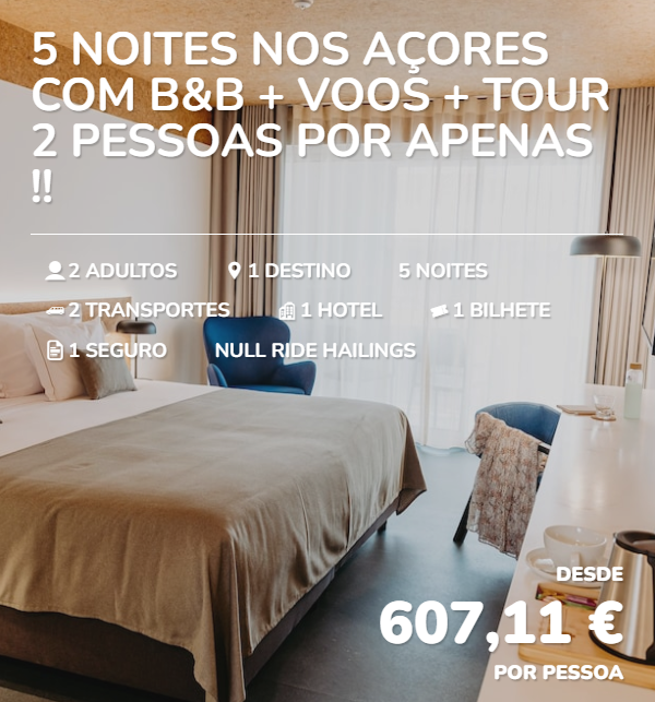 Hotel room interior with a bed, chair, and desk, advertising a five-night stay for two in the Azores with amenities including breakfast, transfer, hotel, insurance, and guided tours, priced at 607.11 euros per person.