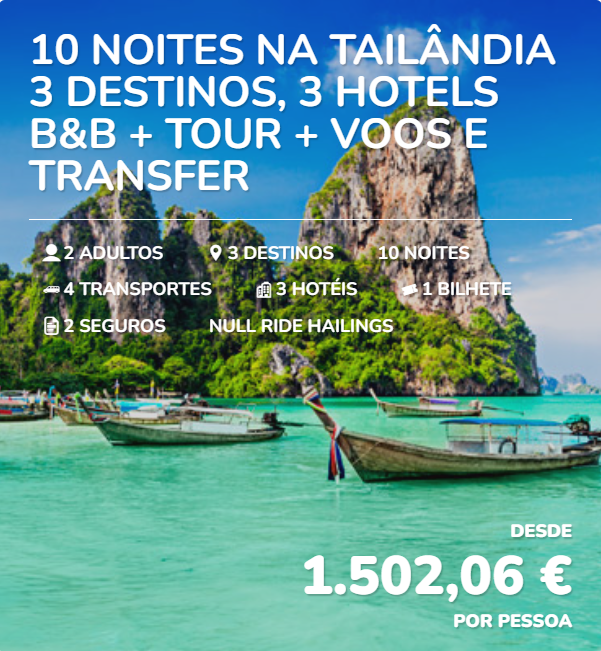 Travel package details for Thailand with 10 nights, 3 destinations, 3 hotels with B&B, tour, flights, and transfers, including accommodations for 2 adults, 4 transports, and insurance, starting at 1,502.06 euros per person, over a scenic beach with boats and rocky islands in the background.