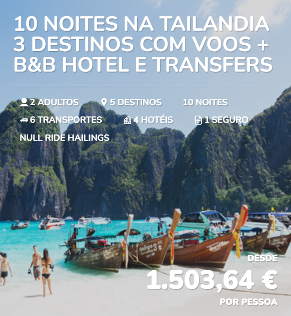Travel package offer for Thailand featuring 10 nights, 3 destinations with flights, B&B hotels, and transfers, for 2 adults. Includes 6 transfers, 4 hotels, 1 insurance, and optional tours. Price from €1,503.64 per person, with a scenic beach scene of boats, clear water, and limestone cliffs in the background.