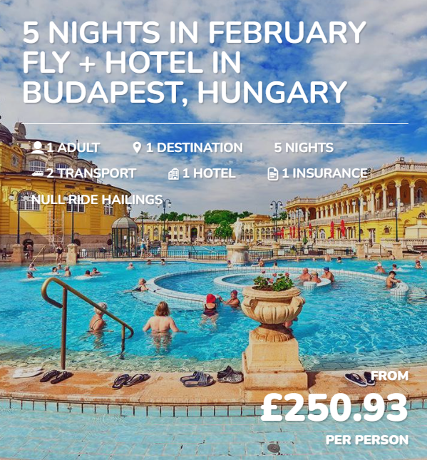 Advertisement for a five-night travel package to Budapest, Hungary, including a hotel stay and airport transfer, featuring an outdoor pool at a historic European hotel with people swimming and relaxing in the water.