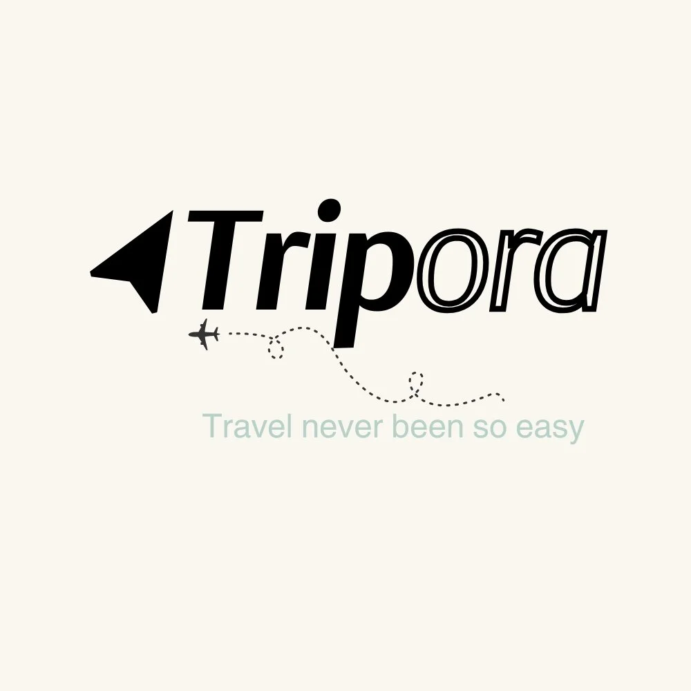 Travel logo with a paper airplane icon, the word 'Tripora' in bold, and the tagline 'Travel never been so easy' in light blue.