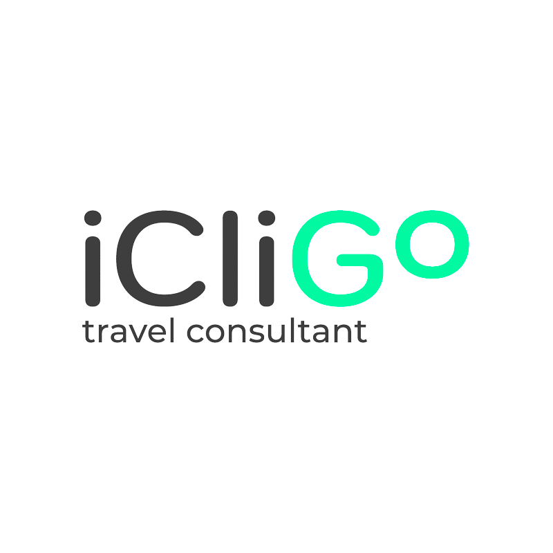 Logo for iCliGO travel consultant with a turquoise background and black text for 'iCli' and light green for 'GO'.
