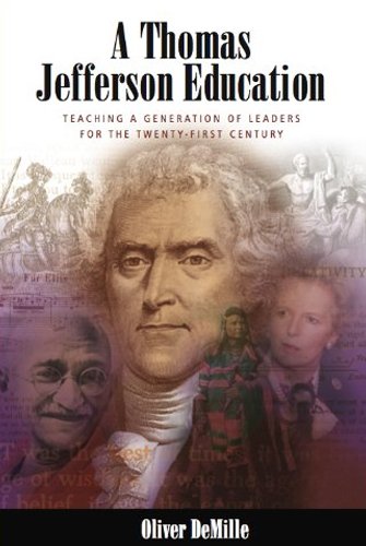 Book cover titled 'A Thomas Jefferson Education' by Oliver DeMille. Features a portrait of Thomas Jefferson with images of children and other historical figures in the background.