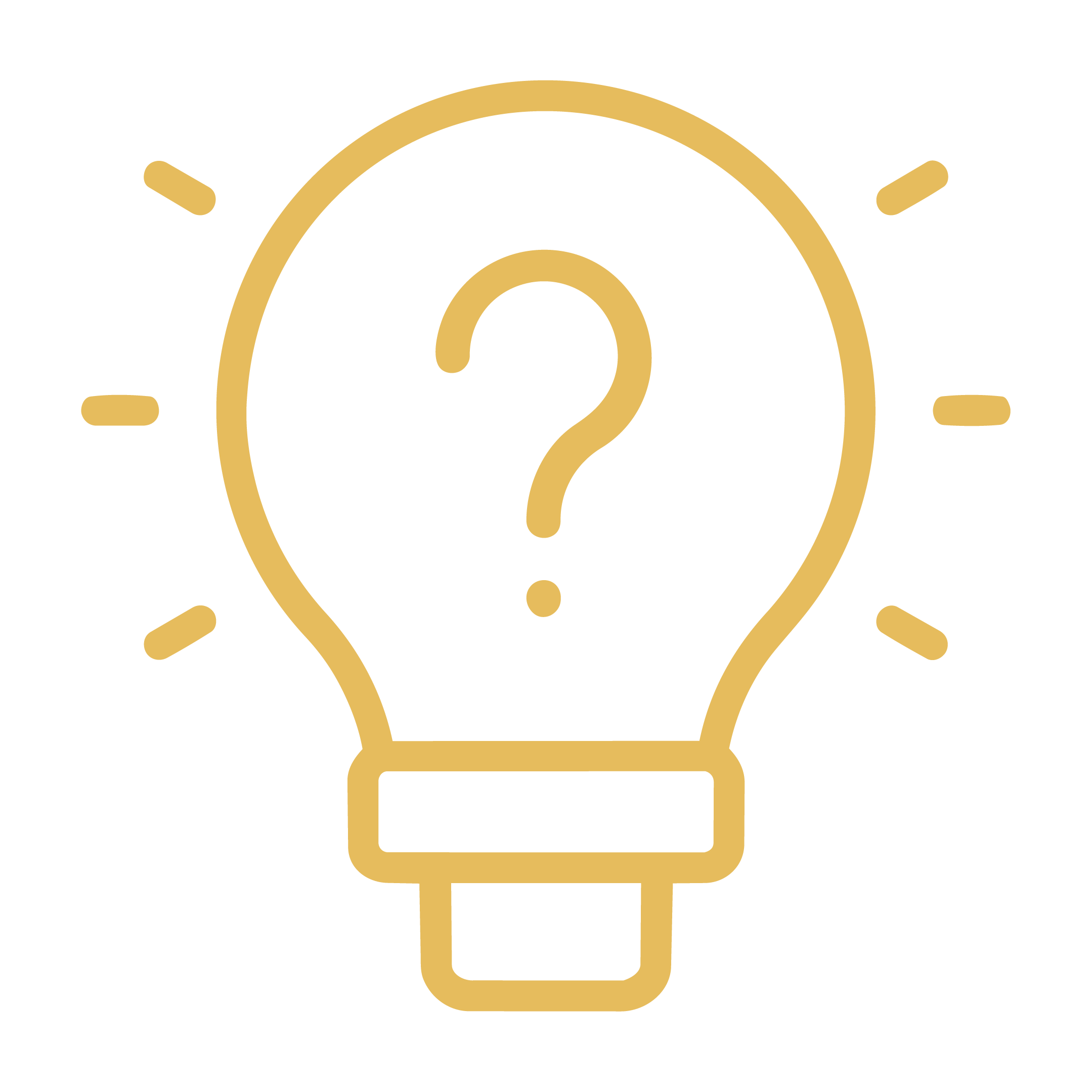 A gold outline of a lightbulb with a question mark inside, representing an idea or question.