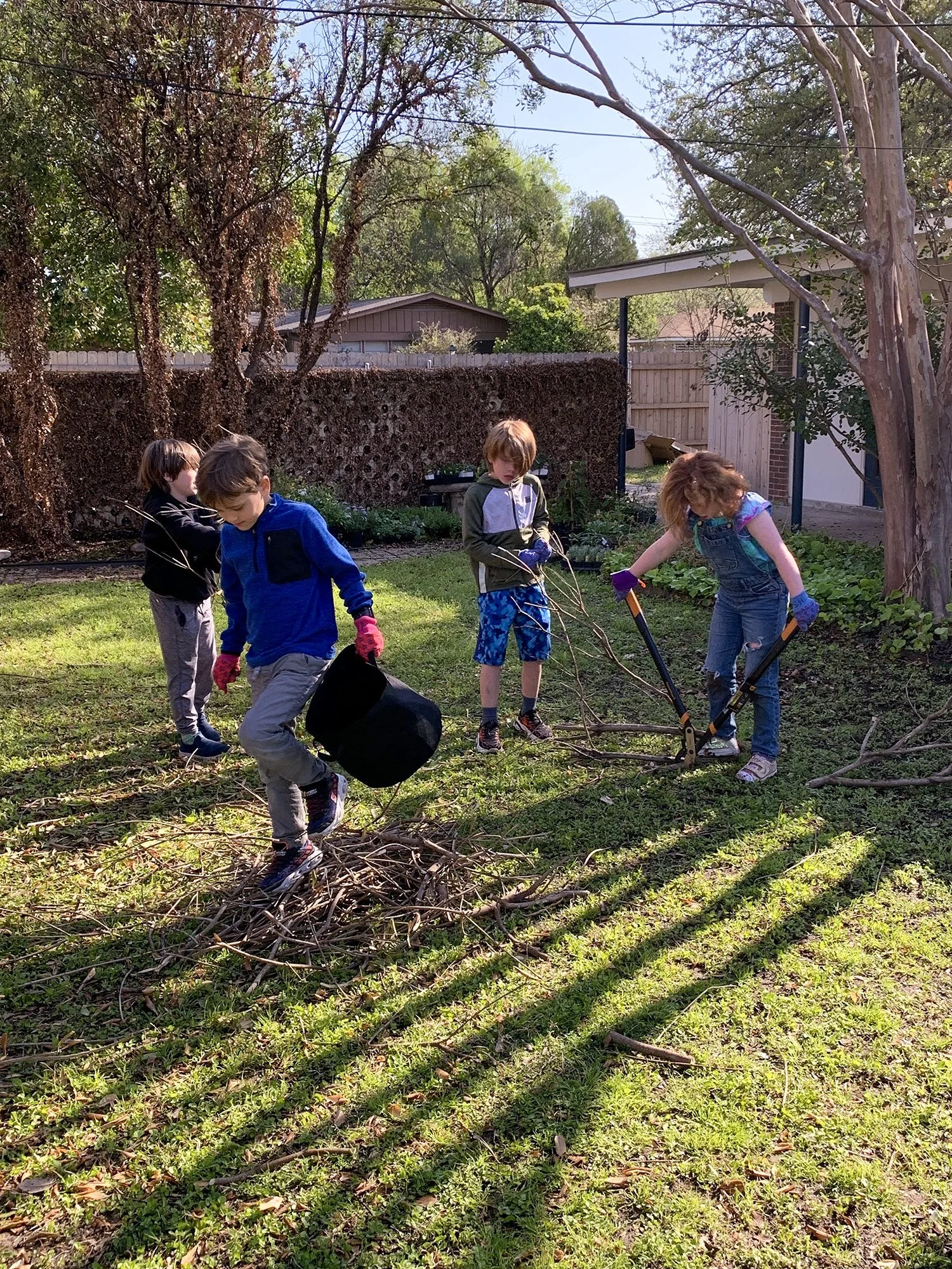 Four children working together outside in a backyard, raking and gathering fallen branches and debris on the grass, with trees and a wooden fence in the background.