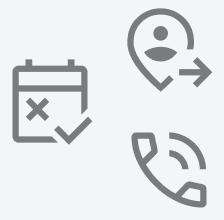 Icons eines Kalenders mit Häkchen, eines Profils mit Pfeil, eines Telefons mit Wählscheibe.