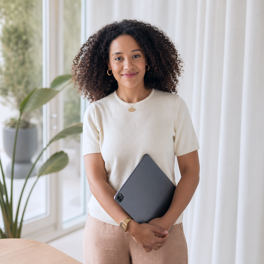 Eine Frau mit lockigem Haar hält einen Laptop vor sich und steht in einem hellen Raum mit großen Fenstern und einem grünen Pflanze im Hintergrund.