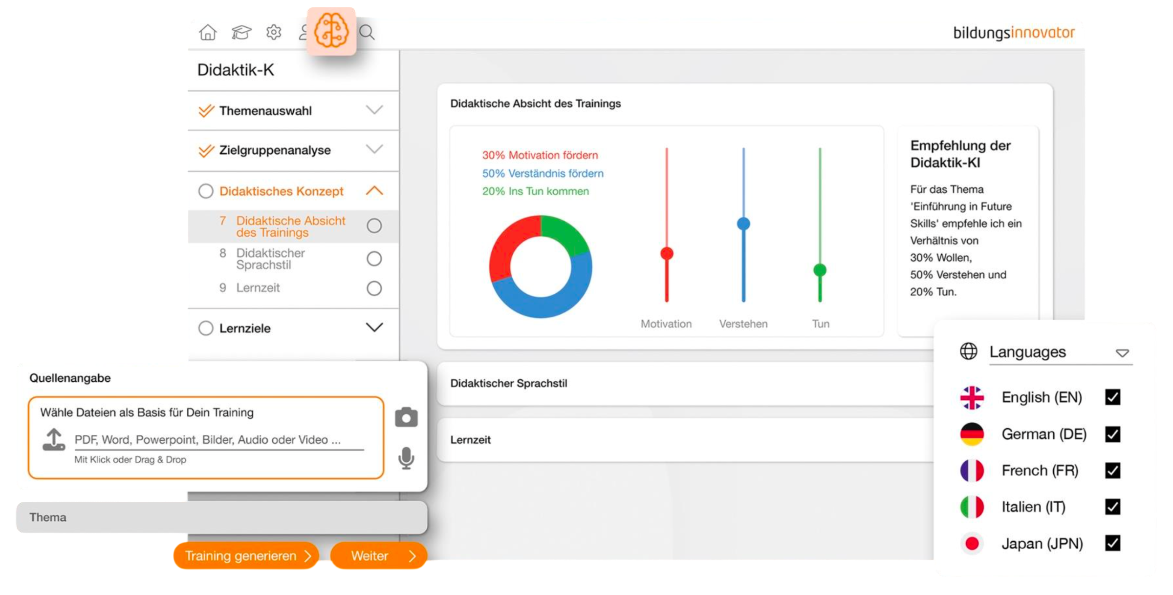 Screenshot eines Online-Trainingsportals mit Menü für Themeneinstellungen, Zielgruppenanalyse, didaktisches Konzept und Sprachauswahl.