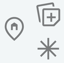 Symbole für Standort, medizinische Dienste, gespeicherte Karten und einen Stern oder Indikator.