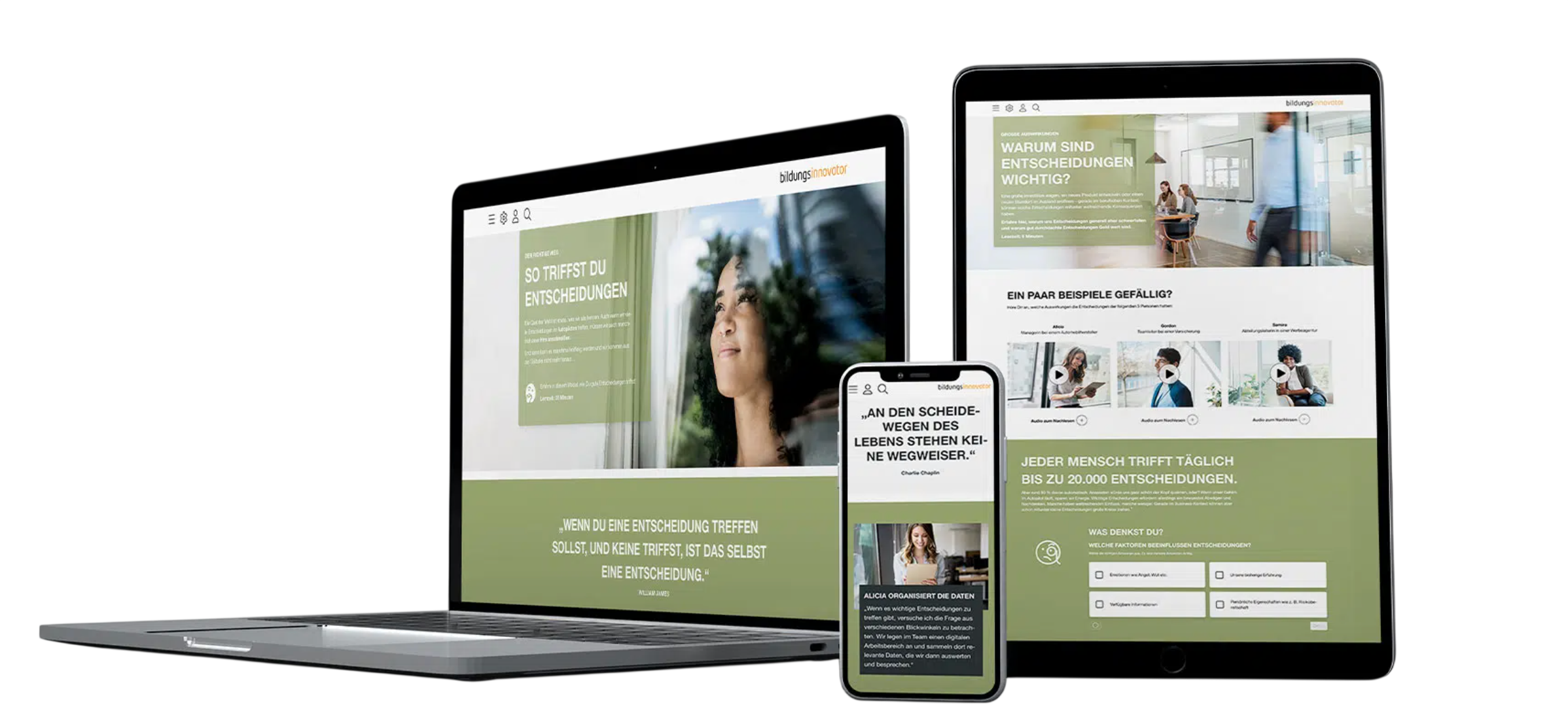 Drei digitale Geräte zeigen eine Webseite zum Thema Entscheidungen treffen, auf einem Laptop, einem Tablet und einem Smartphone, mit Texten, Bildern und Symbolen auf schwarzem Hintergrund.