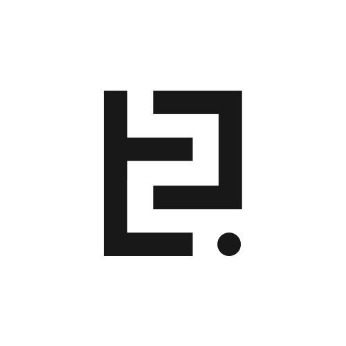 Schwarzes Logo mit einem geometrischen Design und einem Punkt auf weißem Hintergrund.