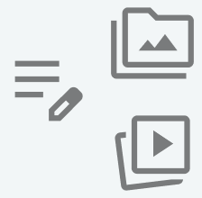 Grafik mit drei Symbolen: ein Notizblock mit Bleistift, ein Bild mit Bergen und Sonne, ein Video-Button mit Play-Symbol.