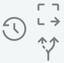Uhr, Bildschirm mit Pfeil, Umschalt- und Verzweigungszeichen